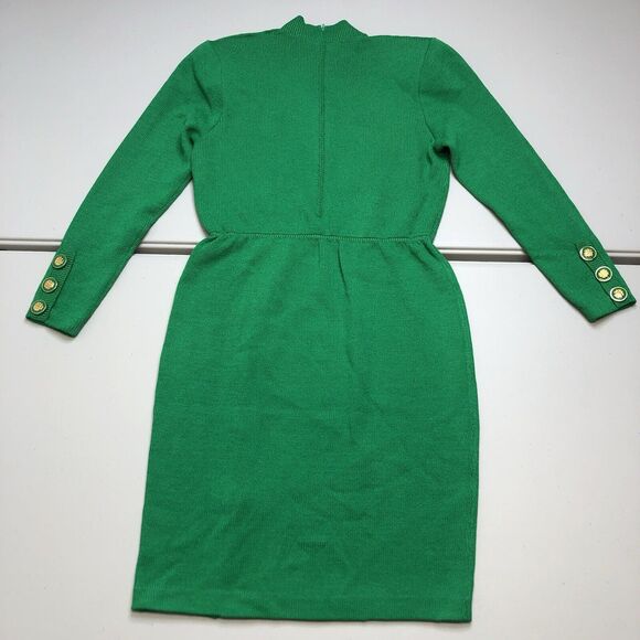 ST. JOHN Kelly Green Knit Wool Sheath Dress Size 4 Gold Buttons Vintage - Picture 7 of 11